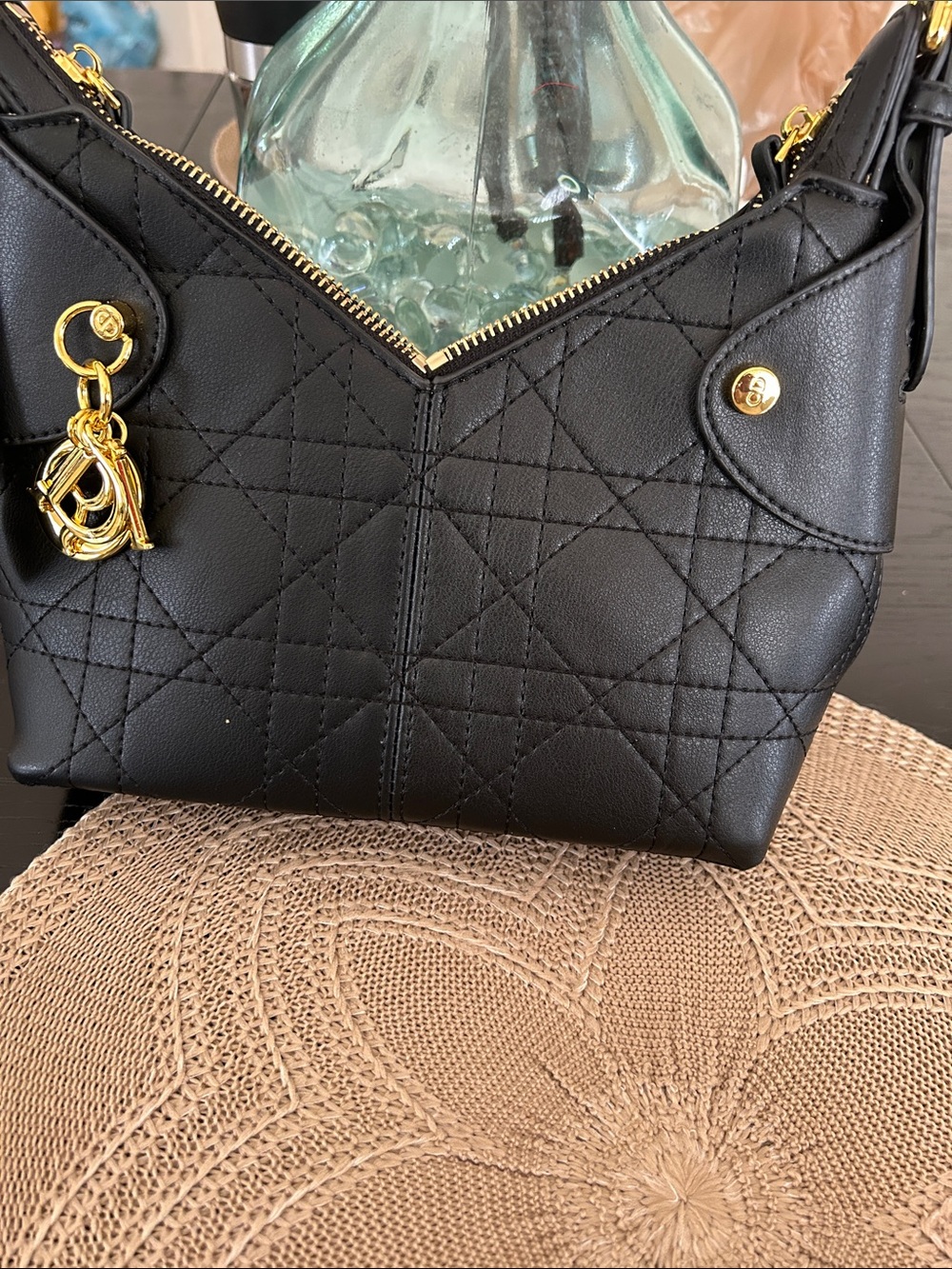Black Quilted Leather Shoulder Bag with Gold Hardware